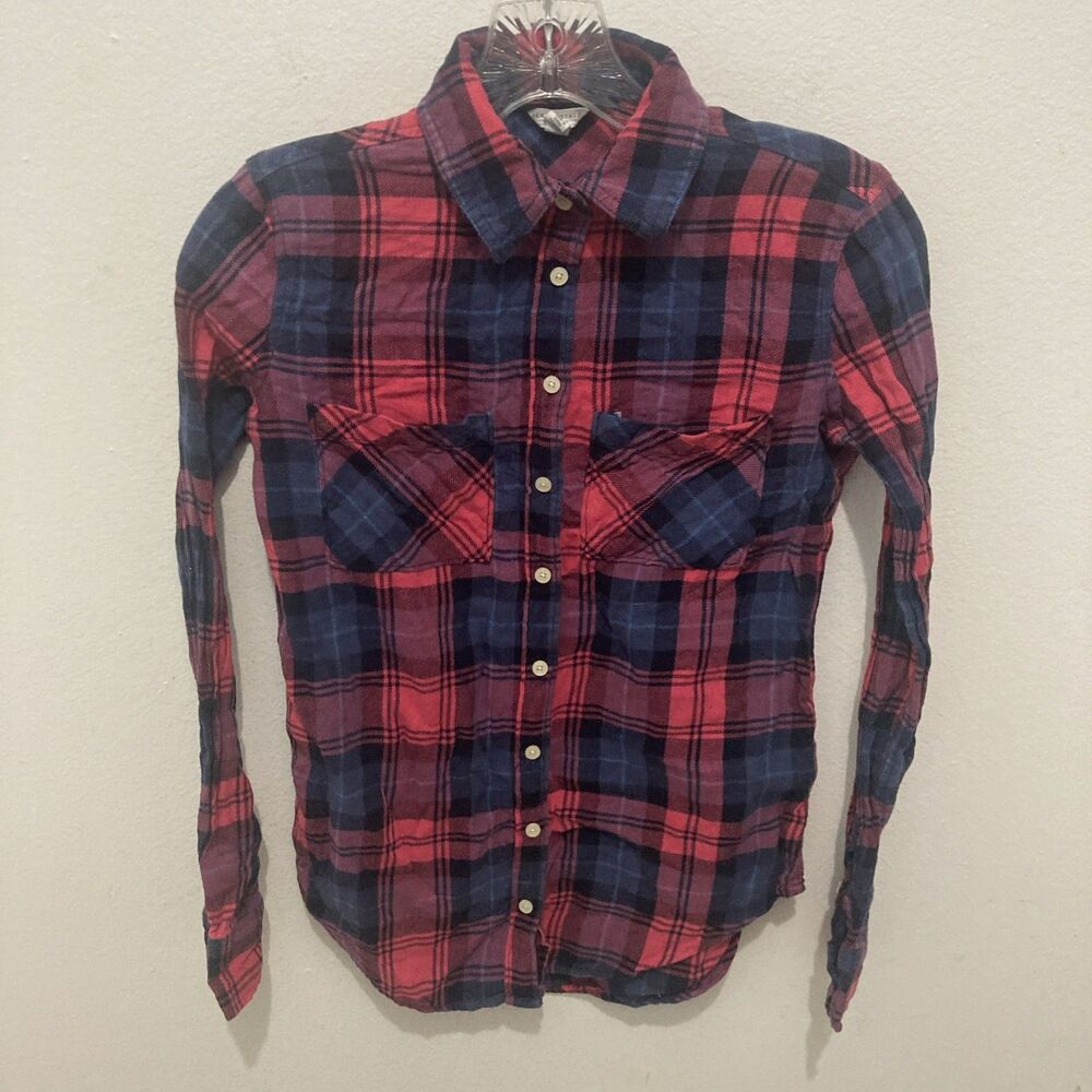 AEROPOSTALE pink blue plaid collared long sleeve button up top Xs